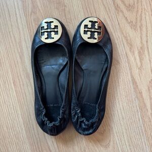Tory Burch Reva Black Flats with Gold Logo